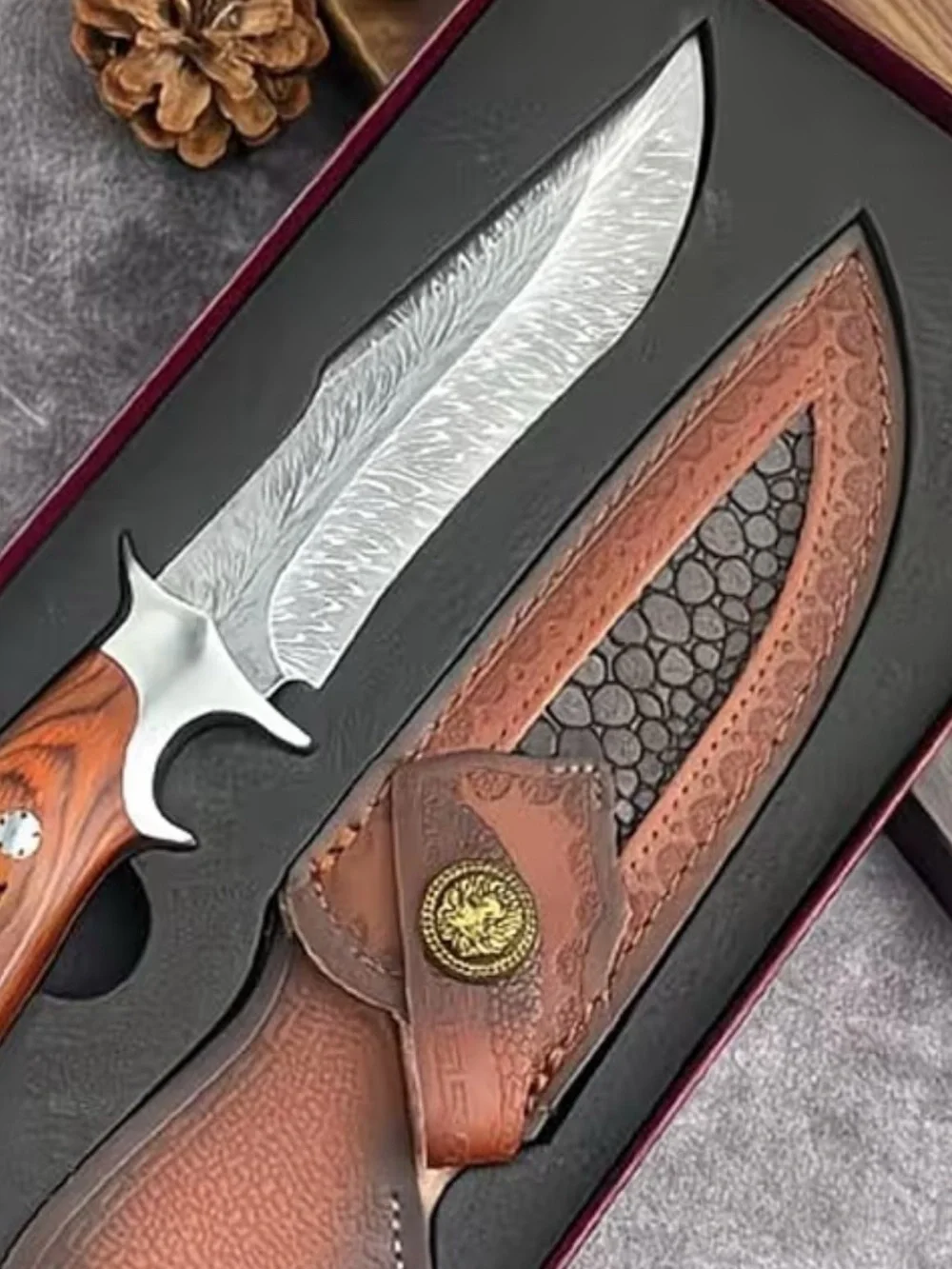 Premium Brown Wood-Handle Hunting cooking camping Knife with Sheath